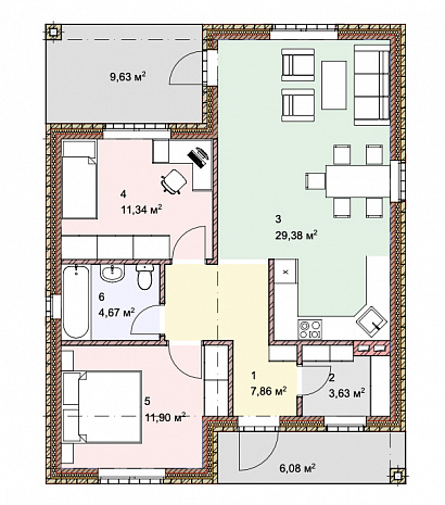 Планировка Одноэтажный дом из кирпича 87 м²