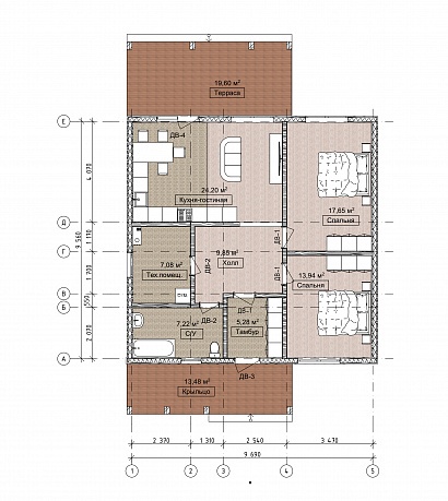 Планировка Одноэтажный каркасный дом 125 м²