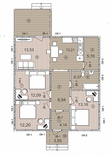 Планировка Одноэтажный каркасный дом 110 м²