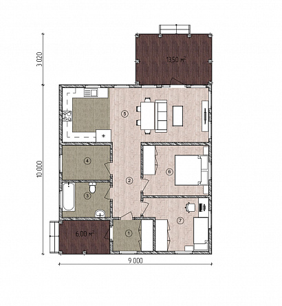 Планировка Одноэтажный каркасный дом 97 м²