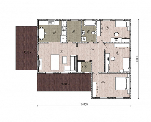 Планировка Одноэтажный каркасный дом 146 м²