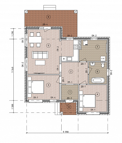 Планировка Кирпичный дом 1-этажный 99 м²