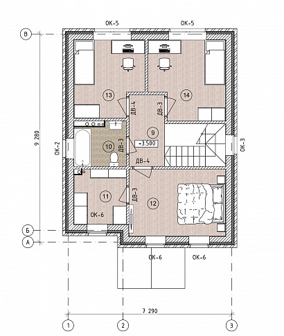Планировка 2-этажный дом из кирпича 120 м²