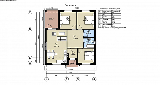 Планировка Одноэтажный кирпичный дом 107 м²
