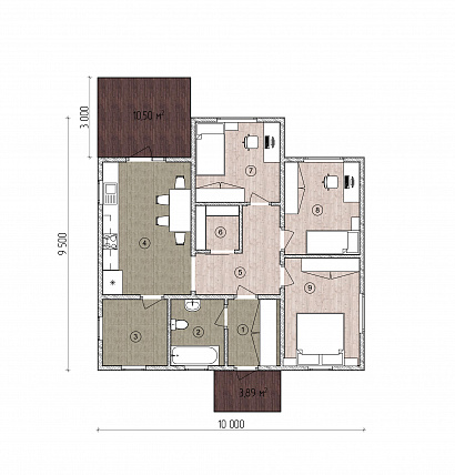 Планировка Одноэтажный каркасный дом 93 м²