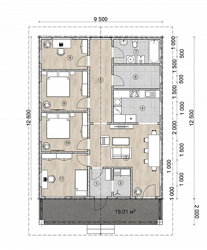 Планировка Одноэтажный каркасный дом 130 м²