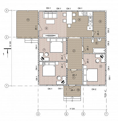 Планировка Каркасный дом 1 этажный 109 м²