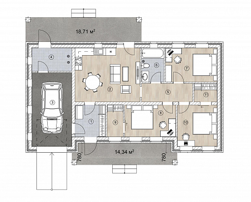 Планировка Одноэтажный дом из кирпича 150 м²
