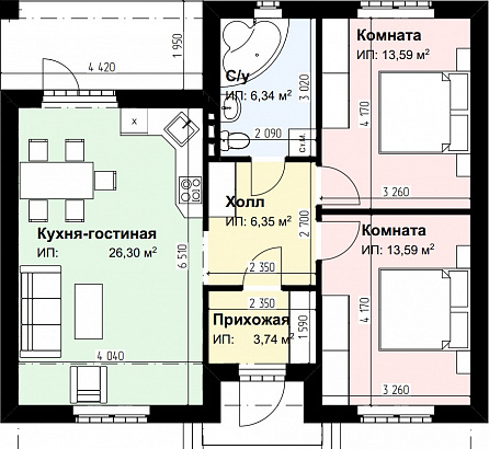 Планировка Одноэтажный дом из кирпича 73 м²